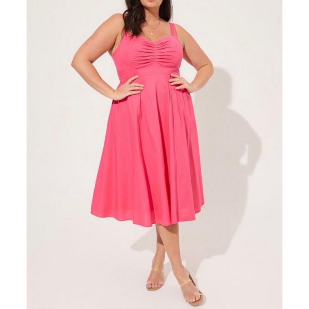 🆕 Torrid Size 1Midi Cotton Poplin Sweetheart Shirred Dress 1 1X 14 16 NWT  Pink